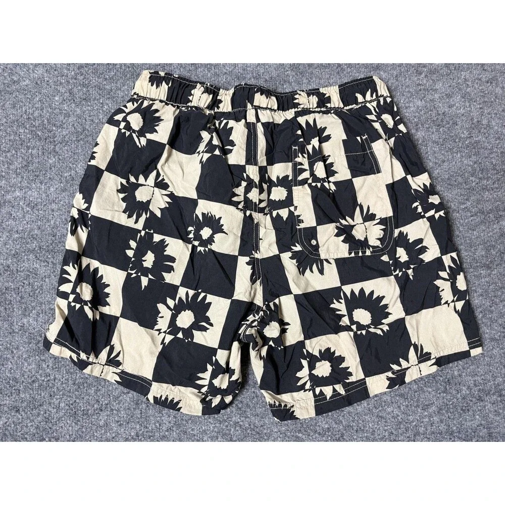Urban Outfitters Swim Trunks Mens L Black Floral Check Elastic Waist Mesh Lined